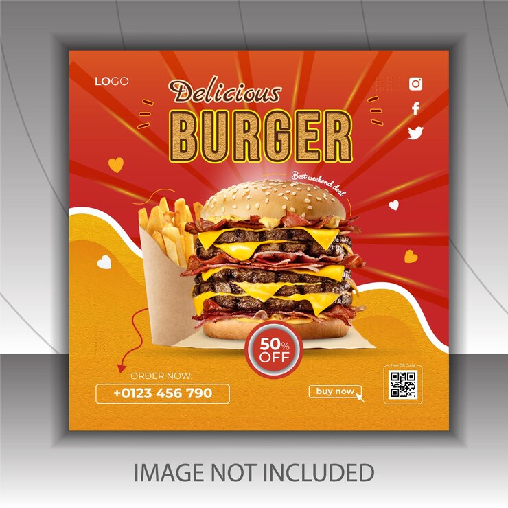 Delizioso hamburger e menu di cibo design del modello di banner di promozione sui social media