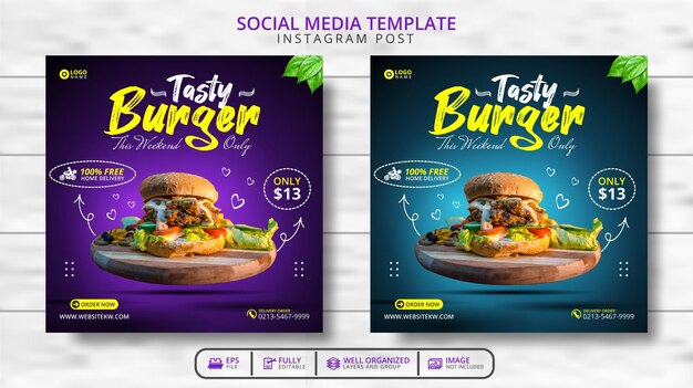 Delizioso hamburger e menu di cibo Promozione del modello di post sui social media