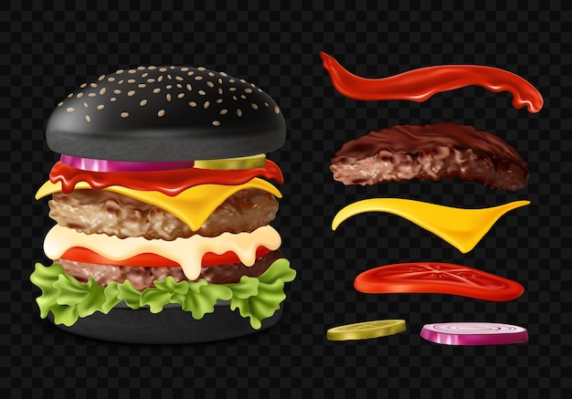 Delizioso hamburger nero con ingredienti freschi