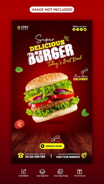 Delizioso menu di hamburger e cibo Instagram e Facebook modello di storia