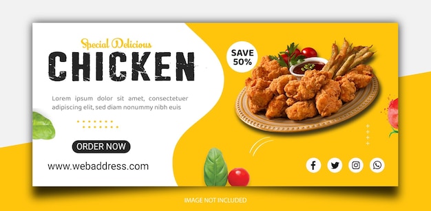 Delizioso pollo e menu fastfood banner web modello di post sui social media