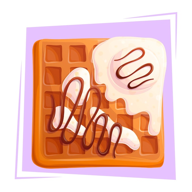 Delizioso waffle con gelato e sciroppo di cioccolato su uno sfondo viola il concetto di