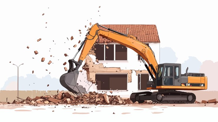 Vettore demolizione di vecchie case con escavatore e sviluppo del sito di costruzione