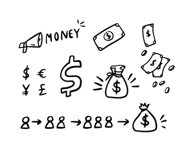 Denaro contanti disegni doodle contorno icone Schizzi valuta