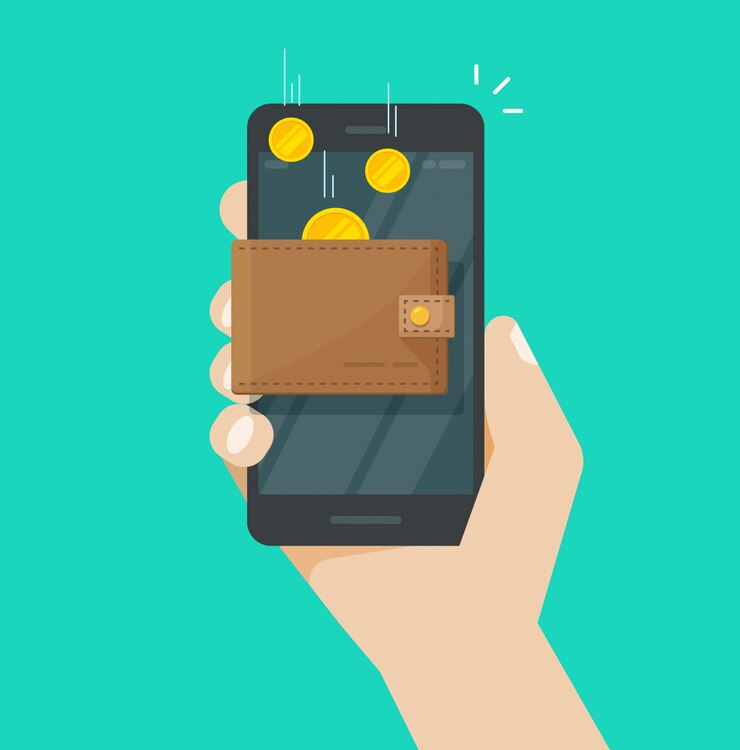 Vettore denaro di reddito online nel cartone animato piatto portafoglio elettronico cellulare