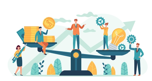 Denaro e equilibrio di idee. Gli investitori confrontano idee di business e finanza su scale. Acquisto di progetti creativi o startup, minuscolo vettore umano. Illustrazione idea uguaglianza profitto, armonia ed equilibrio investimento