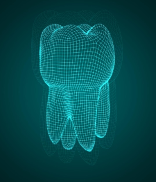 Dente 3d vettoriale per odontoiatria su sfondo blu