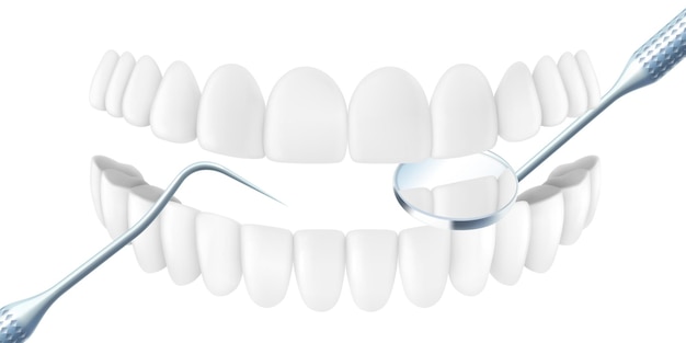 Denti con scalatore dentale e specchio orale in acciaio inossidabile isolato su sfondo bianco Dentale