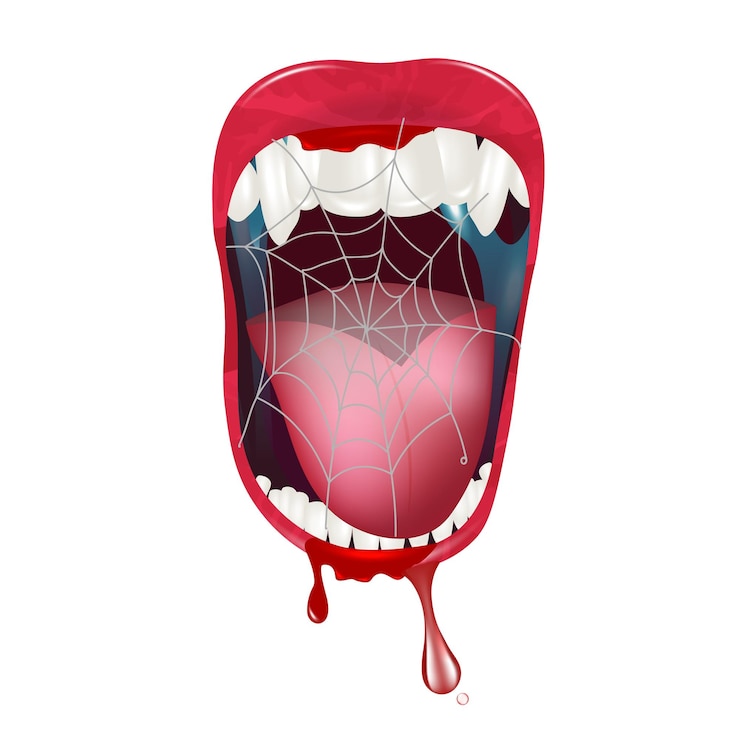 Vettore denti da vampiro alla moda con ragnatele a bocca aperta e striature di sangue con saliva disegno di sfondo del layout alla moda illustrazione vettoriale
