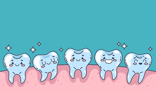 Denti sani e puliti felici nel concetto di igiene sbiancante dentale a bocca aperta