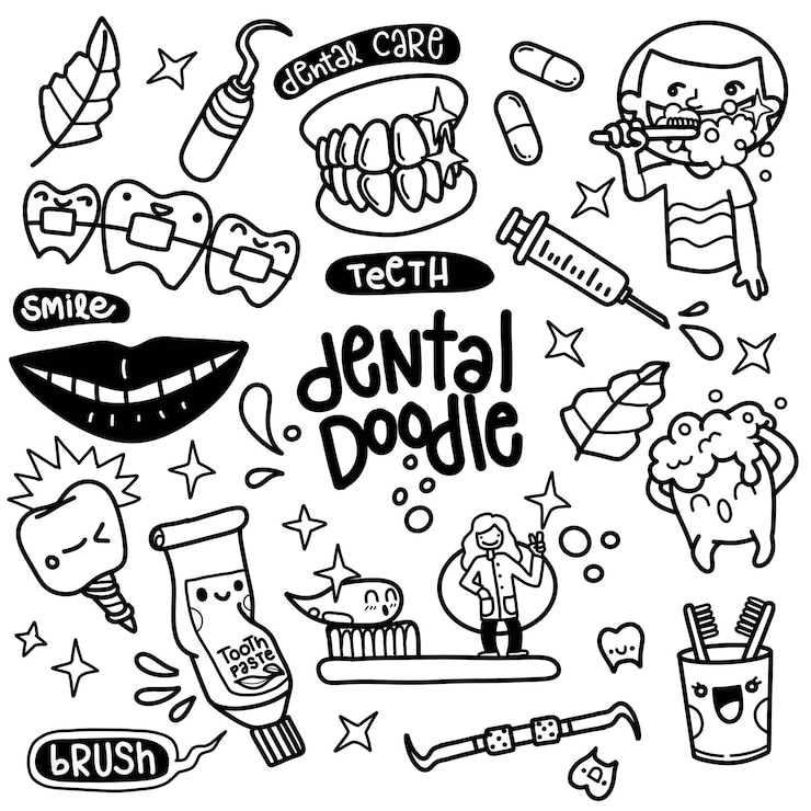 Vettore dentista doodle concept set di vettori dentali e ortodontici disegnati a mano