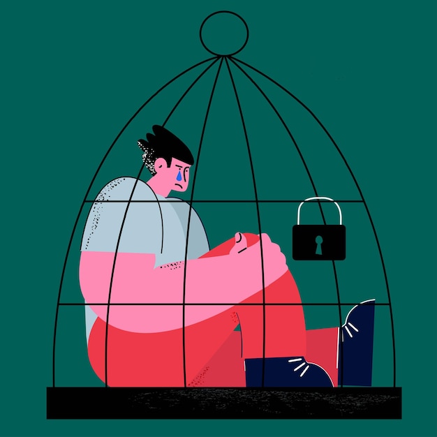 Depressione e disperazione uomo seduto all'interno di un'illustrazione vettoriale piatta di una gabbia per uccelli Problemi mentali