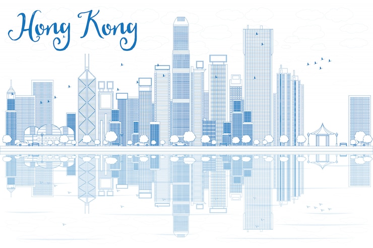 Vettore descriva l'orizzonte di hong kong con le costruzioni blu.