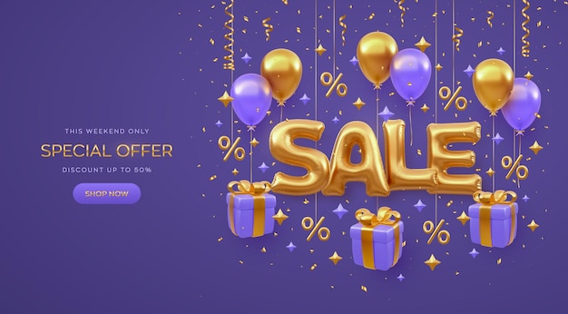 Design banner di vendita su sfondo viola Parola di vendita dorata con palloncini di elio volanti scatole regalo con fiocco dorato Simboli di percentuale d'oro e coriandoli glitter Oggetti 3d realistici Illustrazione vettoriale