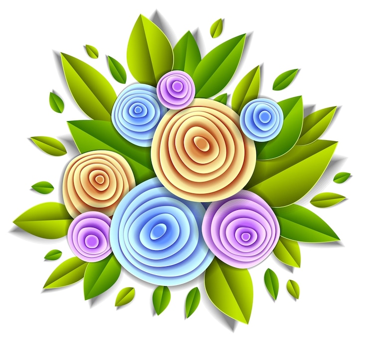 Vettore design con fiori e foglie in stile taglio carta, illustrazione floreale vettoriale. invito a nozze o biglietto di auguri romantico.