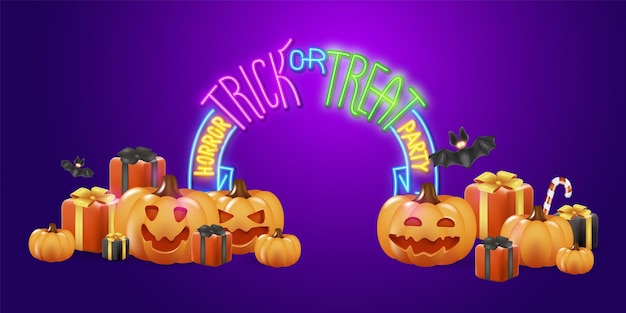 Design concettuale del banner vettoriale Happy halloween Testo al neon felice con personaggi spaventosi come regali di caramelle di zucca 3d per una festa con dolcetti e scherzetti Illustrazione vettoriale