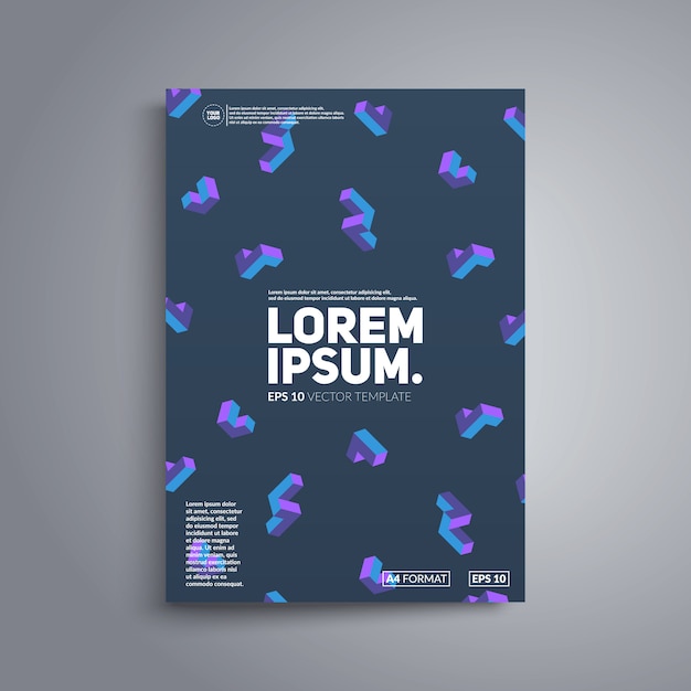 Design copertina brochure. Forme isometriche colorate su sfondo scuro.