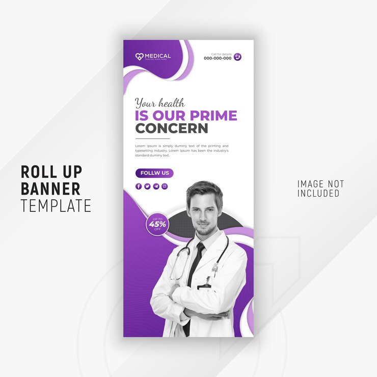 Vettore design creativo del modello di banner per stand roll up per la mostra di cure odontoiatriche mediche