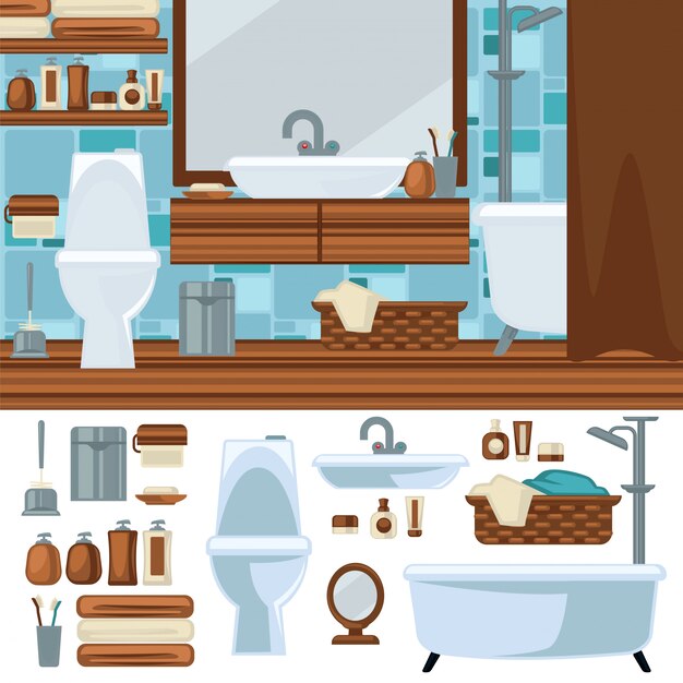 Design degli interni del bagno. Accessori e set di mobili.