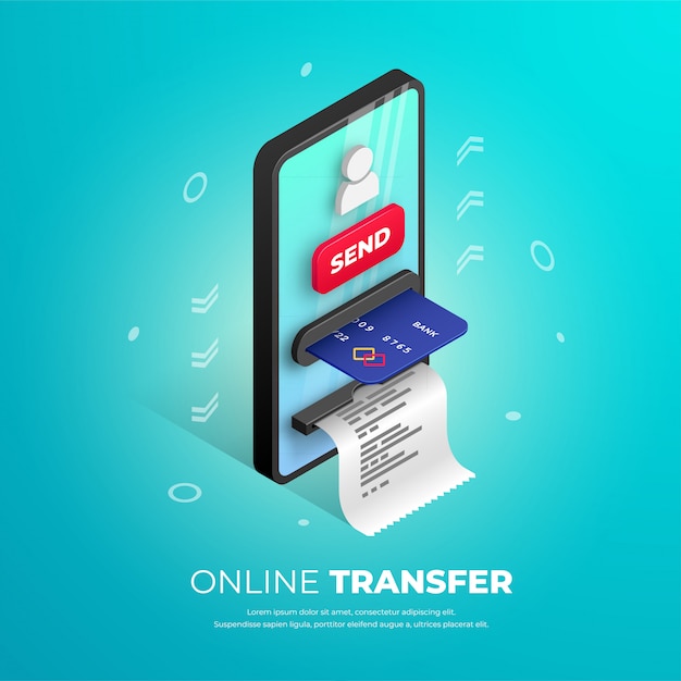 Design del banner di trasferimento online. Modello isometrico di banca mobile con bancomat smartphone, carta di credito, icona utente e pulsante. Concetto online di pagamento 3d, inviante l'illustrazione dei soldi per il web, applicazioni, annuncio