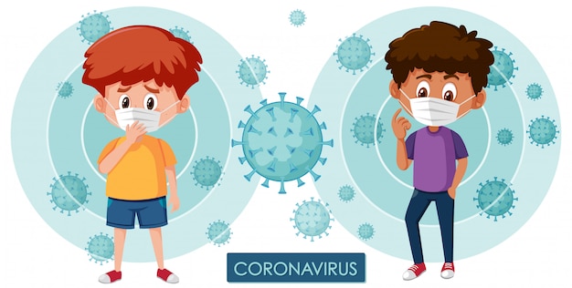 Design del coronavirus con cellule virali e ragazzo malato