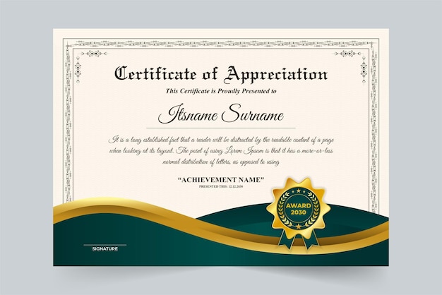 Design del corso accademico e del certificato di diploma con elementi di cornice vintage Design moderno del certificato di credenziali e d'onore con colori verde scuro e oro Carta di apprezzamento per il successo aziendale