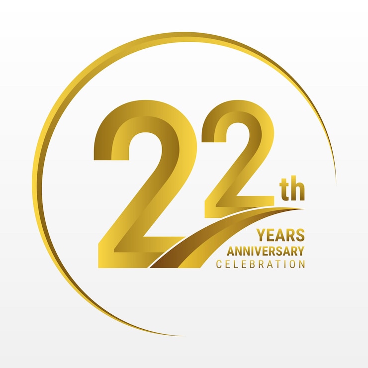 Vettore design del logo del 22° anniversario con colore dorato e modello vettoriale del logo dell'anello