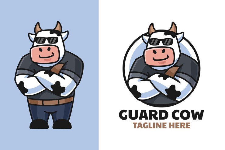 design del logo del cartone animato mucca guardia del corpo