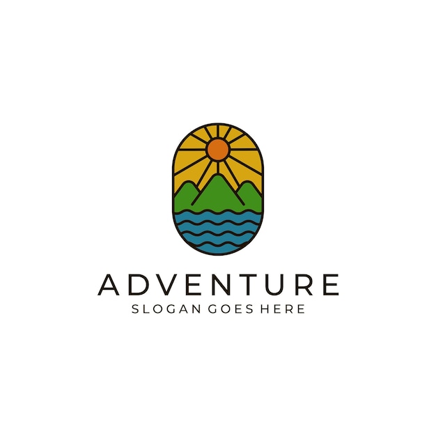 design del logo del fiume avventura in montagna