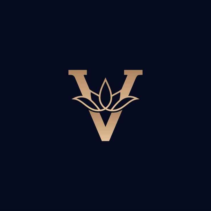 Vettore design del logo del marchio in oro con lettera di fiore di loto v