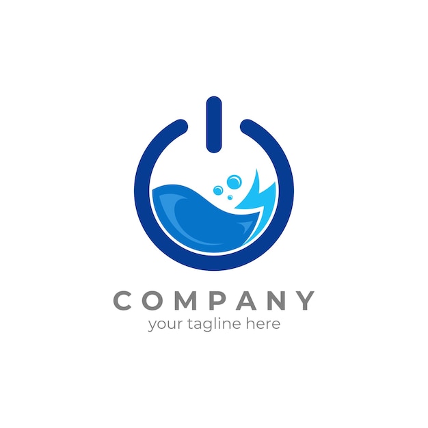 design del logo della lavanderia con icona di alimentazione con elemento acqua