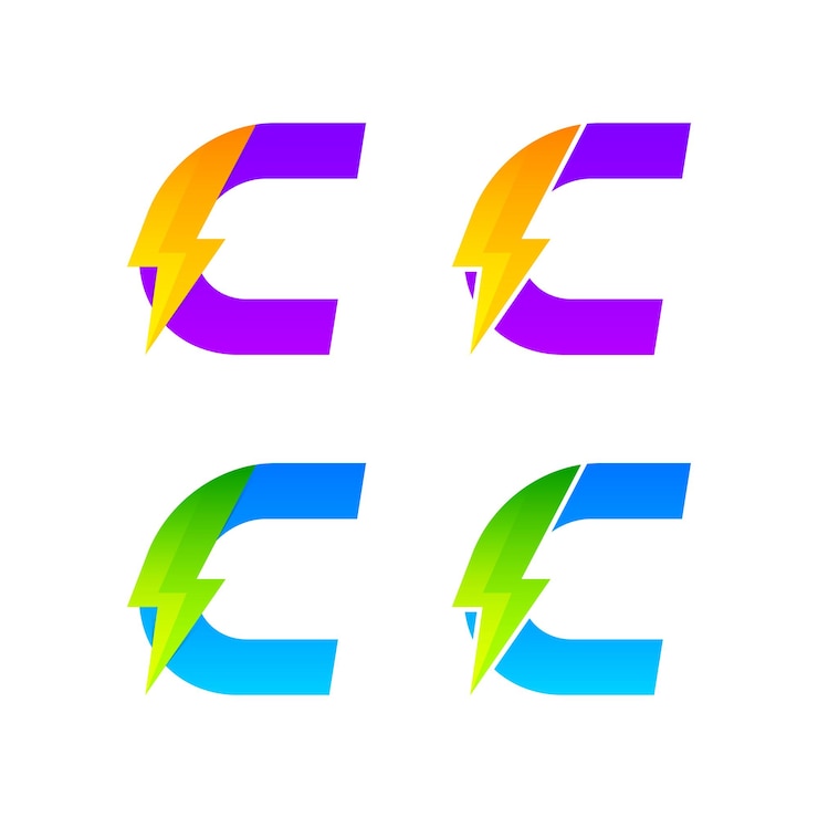 Vettore design del logo della lettera c con il concetto di lightning bolt e thunder per la società di business dell'energia elettrica