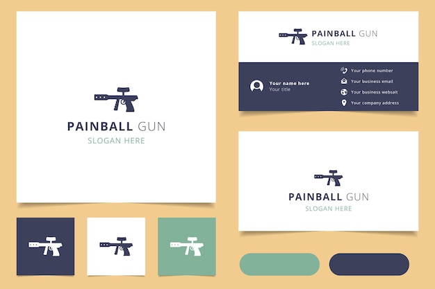 Design del logo della pistola Painball con libro di branding di slogan modificabile