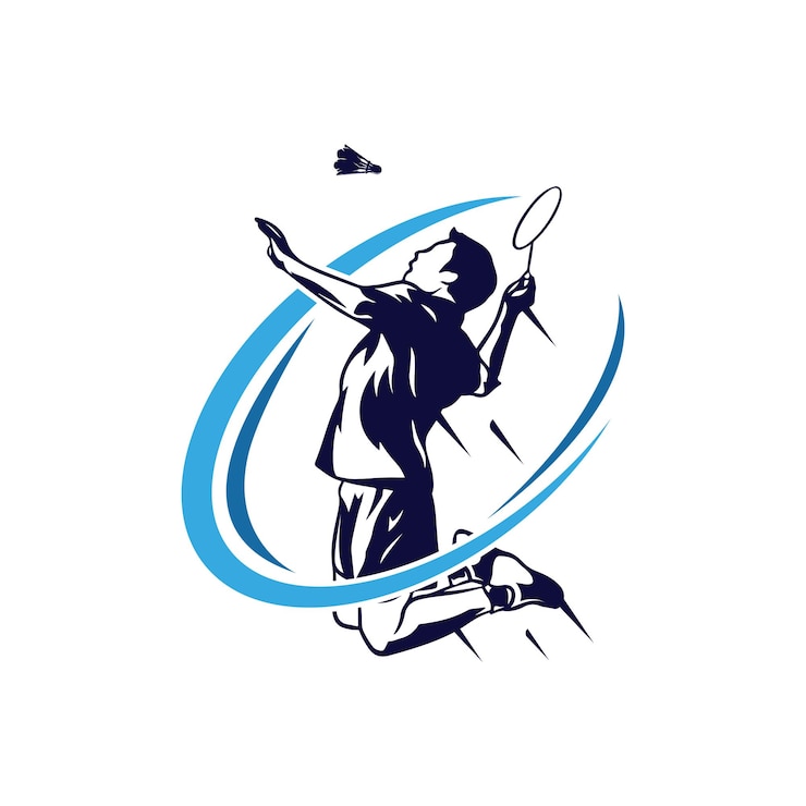 Design del logo di Badminton Smash. Modello di progettazione del logo moderno appassionato giocatore di badminton in azione