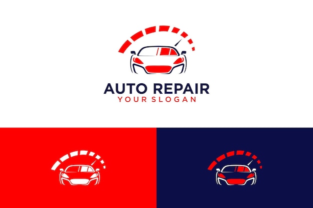 design del logo di riparazione auto con garage e officina