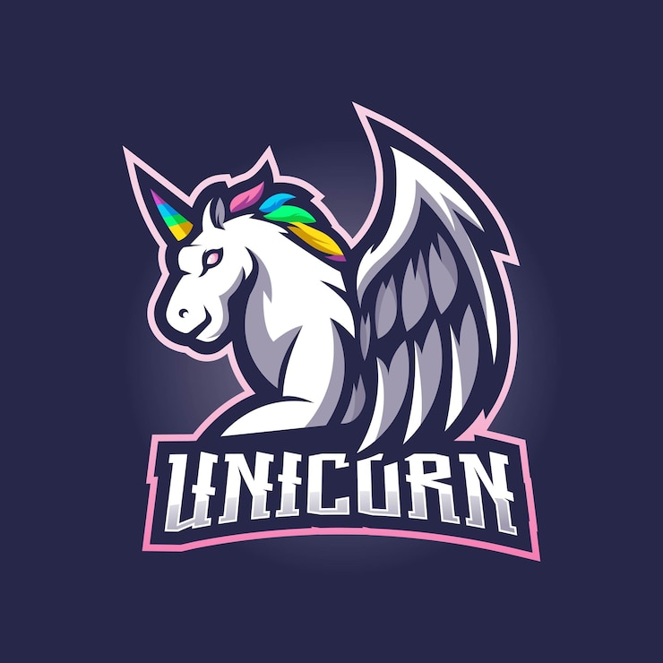 Vettore design del logo esport della mascotte dell'unicorno con stile moderno concetto di illustrazione per distintivo ed emblema