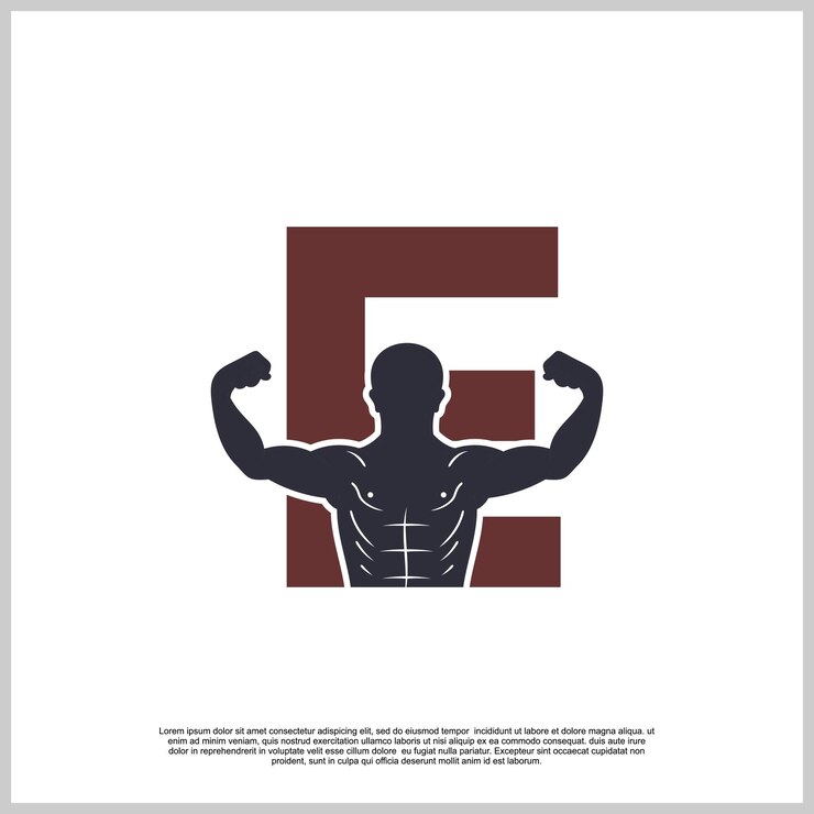 Vettore design del logo fitness su palestra con lettere e fitness con manubri vettore premium