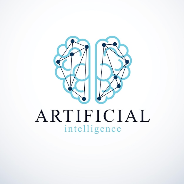 Design del logo vettoriale del concetto di intelligenza artificiale. Cervello anatomico umano con icona di elementi di tecnologia elettronica. Software intelligente, idea futuristica di macchine intelligenti e programmi per computer.