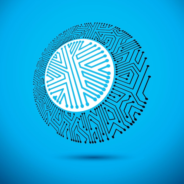 Design del microchip vettoriale, cpu. Elemento di tecnologia della comunicazione dell'informazione, circuito stampato di forma rotonda.