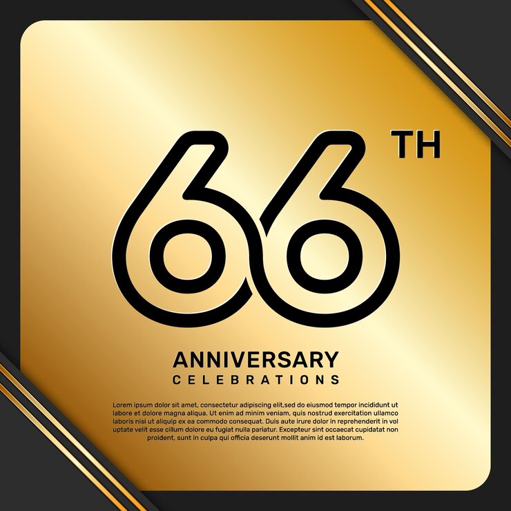 Vettore design del modello di celebrazione del 66° anniversario con uno stile semplice e lussuoso in colore dorato