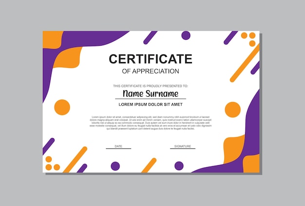 Design del modello di certificato nei colori arancione e viola Design del certificato semplice