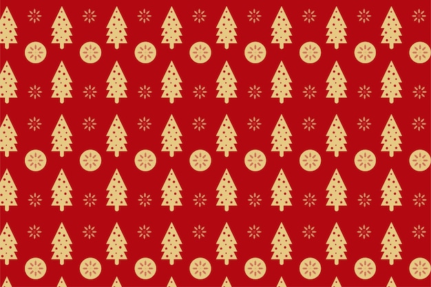 Design del modello di decorazione natalizia con alberi di pino e fiocchi di neve Modello di Natale vintage minimale vettoriale su sfondo rosso Sfondo di motivo natalizio elemento dorato per sfondi e carte regalo