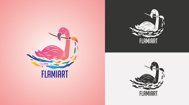 Design del modello di logo Uccello fenicottero con pennello Arte e studio di pittura