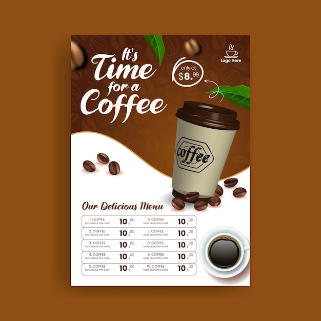 Design del modello di stampa del menu dei prezzi del caffè e dell'elenco dei menu delle bevande alimentari