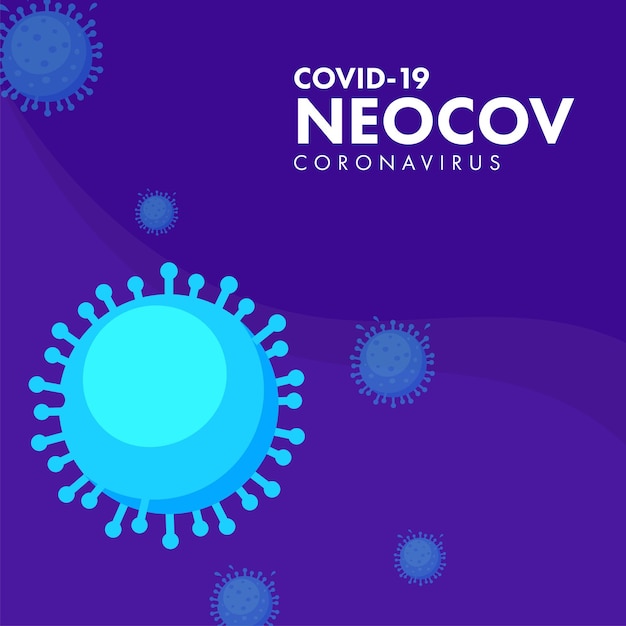 Design del poster Covid19 NeoCoV con effetto coronavirus blu su sfondo viola