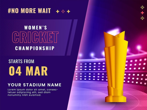 Design del poster del campionato di cricket femminile con la coppa del trofeo vincente d'oro alla vista dello stadio