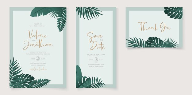 Design della carta di matrimonio estivo con tema foglia tropicale