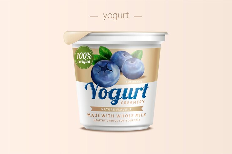 Vettore design della confezione di yogurt ai mirtilli, contenitore per alimenti