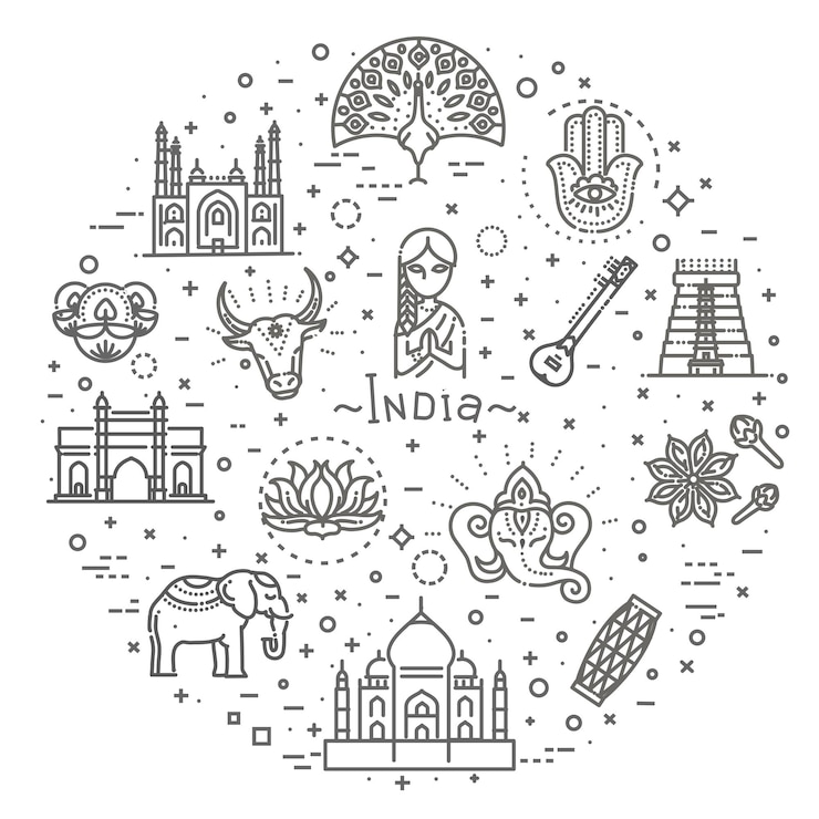 Vettore design della linea di attrazioni indiane turismo in india illustrazione vettoriale isolata simboli tradizionali