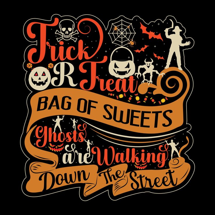 Design della maglietta di Halloween felice con elementi di Halloween o design tipografico di Halloween disegnato a mano
